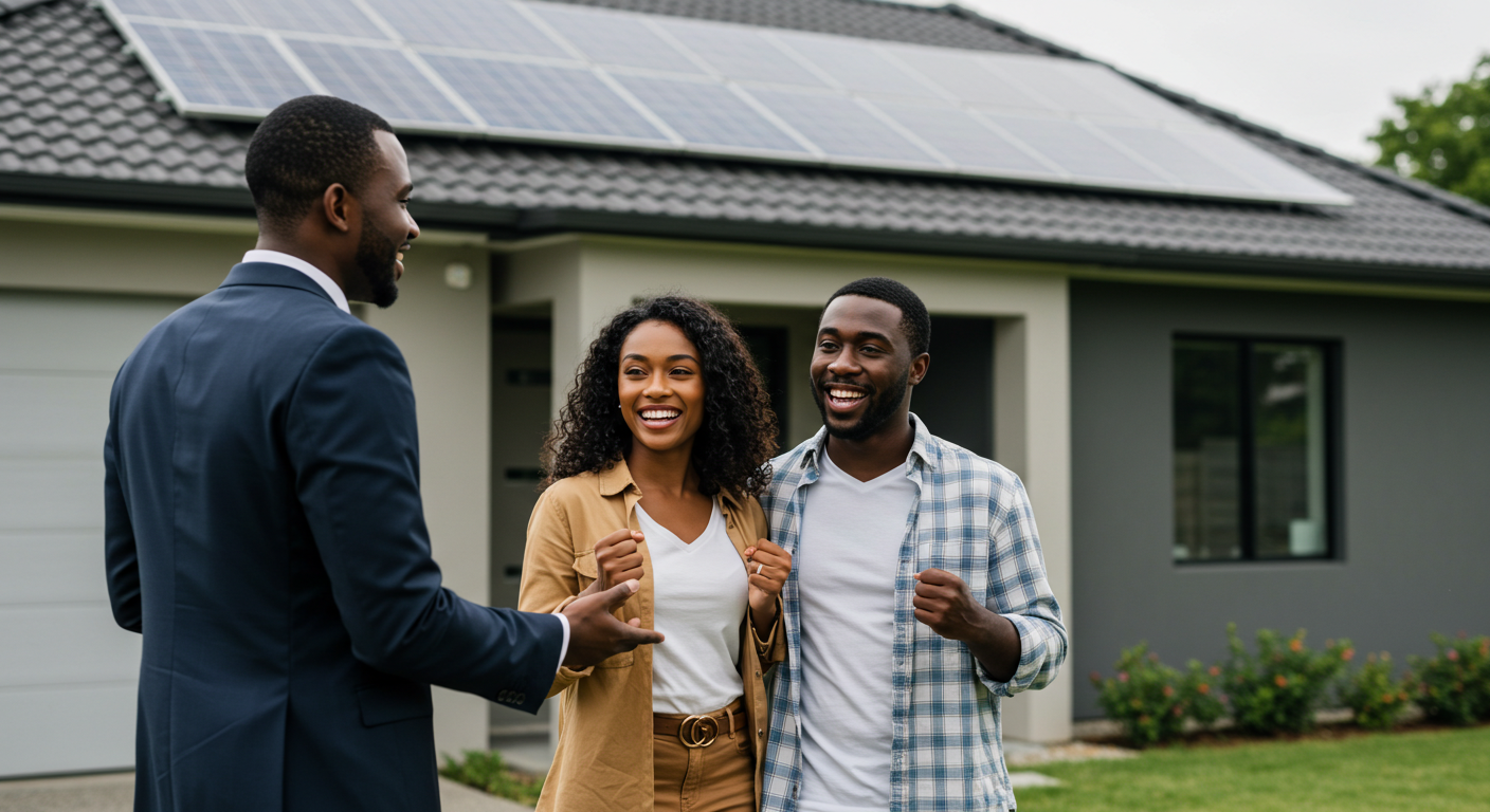 People outside home with solar panels